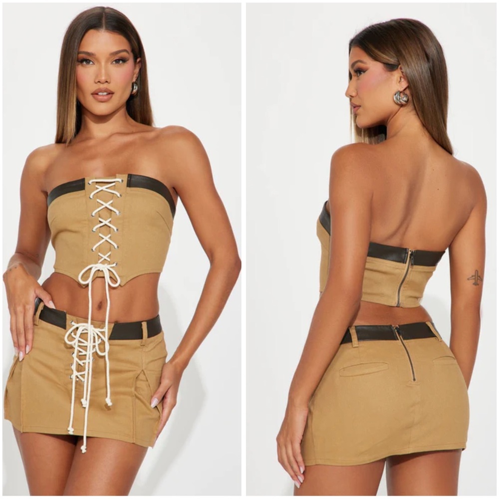 Fashion Nova Tan and Black Strapless Lace-Up Set